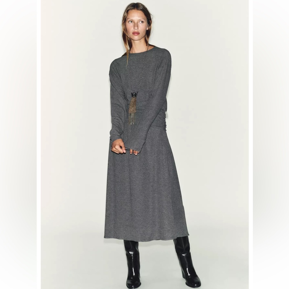 ZARA Soft Long Grey Dress with Sash Waist Ruched Detail. Stretchy. L NWT